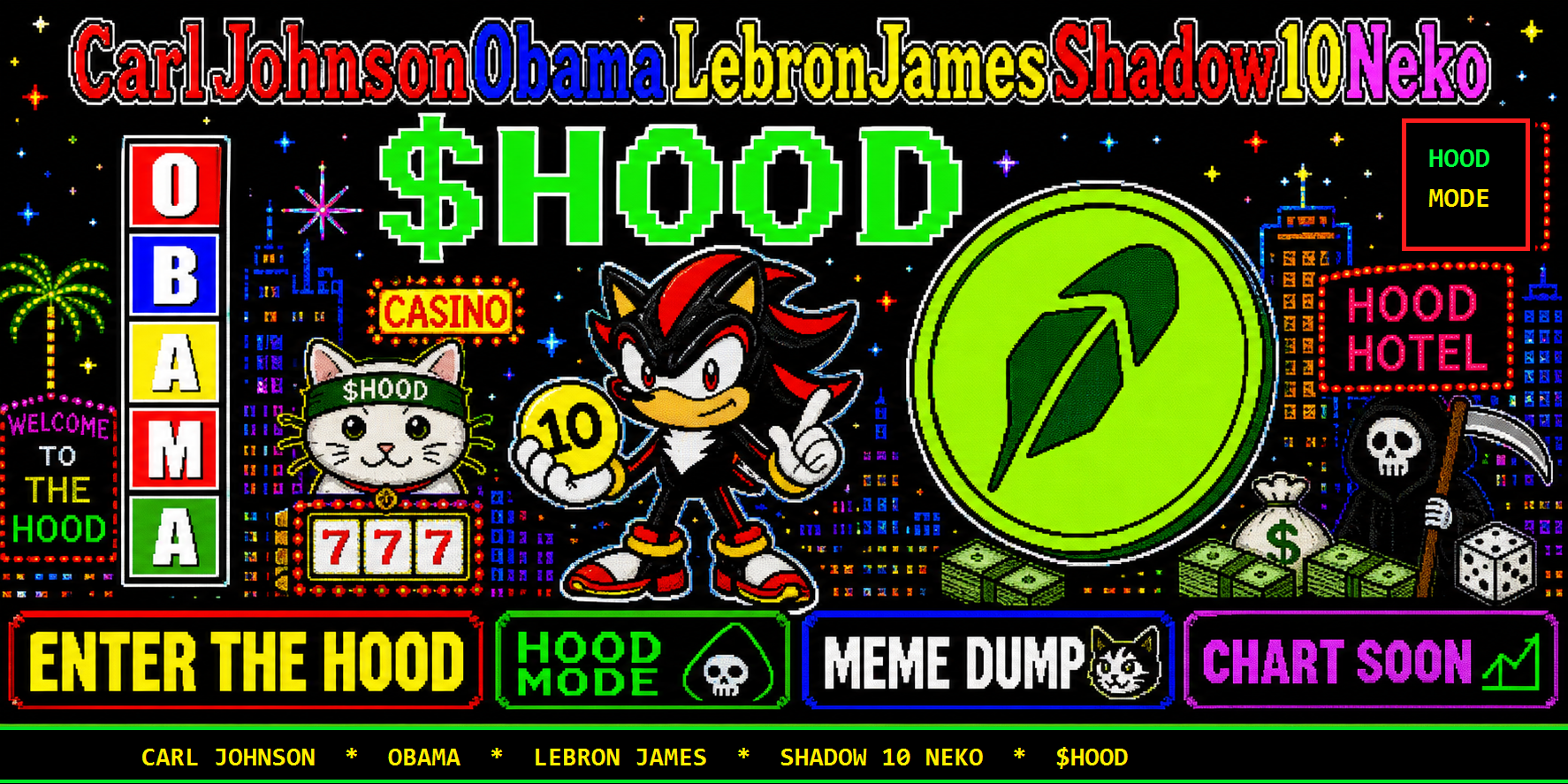 Wide $HOOD meme banner with Carl Johnson Obama LeBron James Shadow 10 Neko collage